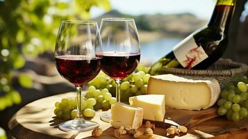 romántico almuerzo con rojo vino y queso. generativo ai foto