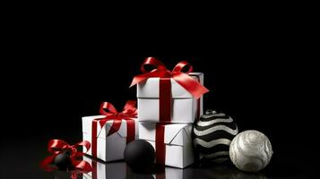 Festive Surprises - Red and White Christmas Boxes on a Black Background. Generative AI photo