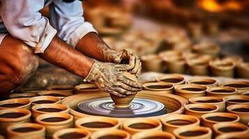 Potter at work makes ceramic dishes. Rajasthan. Generative AI photo