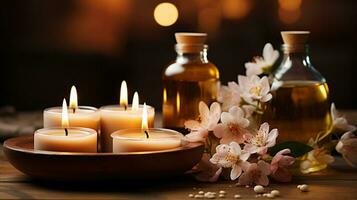 Massage Therapy Spa with Candlelight and Floral Harmony. Generative AI photo