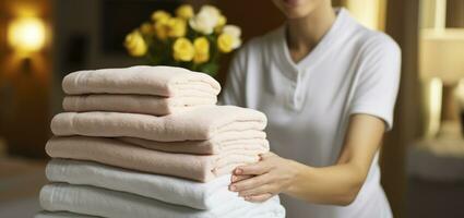 Close up, House keeping lady changing the set of folded and stacked towels in hotel room with freshly made bed. Generative AI photo