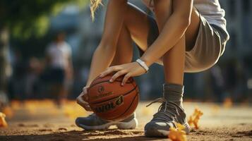 niña sostener baloncesto antes de streetball juego al aire libre. generativo ai foto