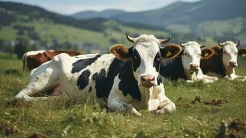 Countryside Calm - A group of cows sitting on a green field. Generative AI photo