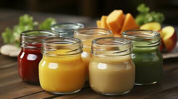 A Palette of Nutrition. Jars with different baby food on wooden table. Generative AI photo