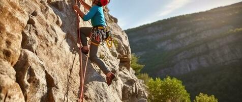 Fearless Woman Rock Climber Conquering the Cliff. Generative AI photo