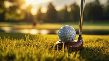 golf serenidad. un pelota y club descansando en el verde césped. generativo ai foto