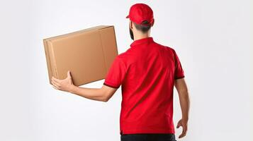 Back view of man carrying parcel or cardboard box. Copy space for text. Generative AI photo