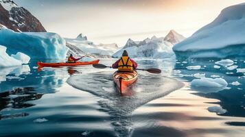 extremo invierno kayak en la antártida glacial aguas generativo ai foto