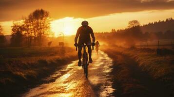 crepúsculo emigrar - silueta de un ciclista en un grava bicicleta montando un camino. generativo ai foto