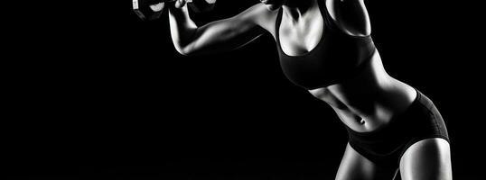 Female Bodybuilder Conquering the Dumbbell in black background. Generative AI photo
