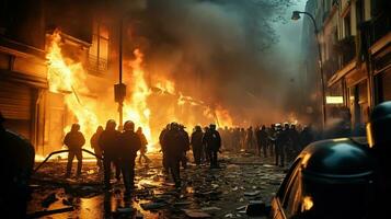 ciudad en confusión. un vislumbrar dentro el revolucionario disturbios y protestas ardiente edificio y carros en el ciudad. generativo ai foto