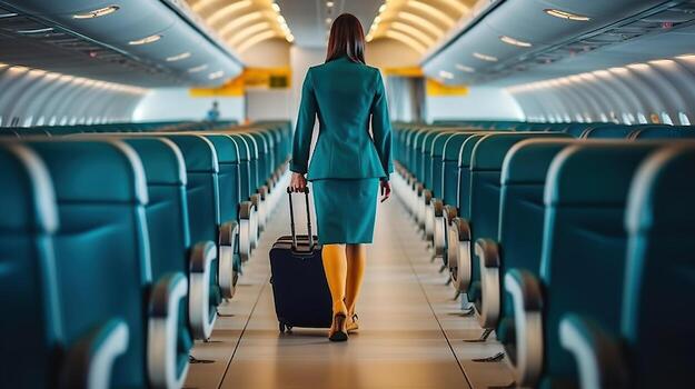 Air hostess going between seat rows on the plane. Generative AI photo