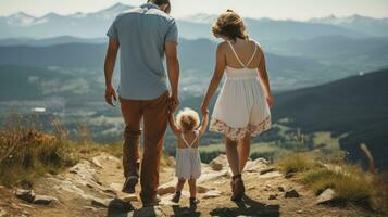 Mom, dad and daughter in the mountains enjoy and look at nature. Young family spending time together on vacation, outdoors. Generative AI photo