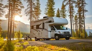 familia de vacaciones en comodidad y estilo con casa rodante, caravana coche vacaciones. generativo ai foto