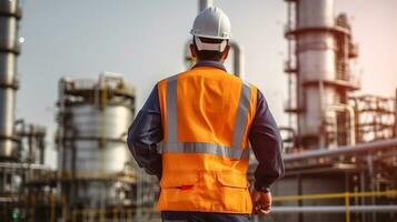 A man in an orange vest and hard hat standing in front of an oil refinery. Generative AI photo