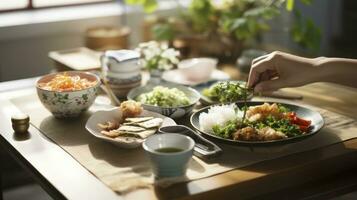 saboreando un tradicional japonés desayuno a hogar. generativo ai foto