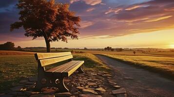Benchside Bliss - Colorful sunset scenery in rural landscape with a bench and a path. Generative AI photo