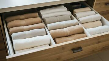 Neatly Arranged - Top view close up of an open drawer with folded towels. Generative AI photo