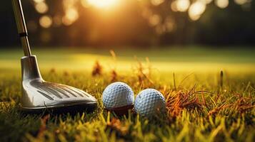 golf pelota y club en un hermosa verde paisaje. generativo ai foto