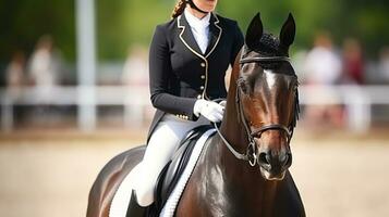 Dressage horse Friese with rider in head portraits photographed from the front. Generative AI photo