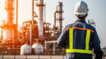 Ingenieria hombre con blanco la seguridad casco en pie en frente de petróleo refinería edificio estructura en petroquímico industria, generativo ai foto