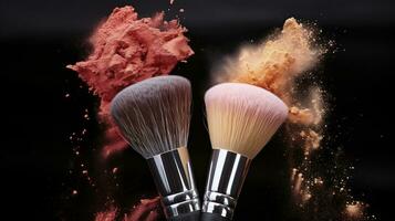 Choreographed Display - Two professional brushes spraying make-up powder on a black background. Generative AI photo