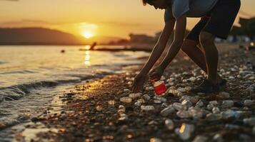 One man quest to clean the beach from plastic bottle on the beach in sunset. Generative AI photo