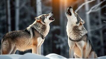 Lobos en el invierno bosque canto su sentimientos. generativo ai foto