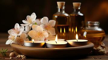 Relaxing Massage Therapy Scene with Candlelit Ambiance and Floral Elegance. Generative AI photo