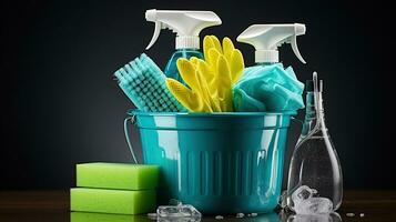 Cleaning Essentials. Plastic Bottles, Sponges, and Gloves in a Bucket. Generative AI photo