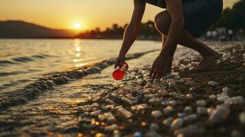 A Man's stand against plastic waste bottle on the beach in sunset. Generative AI photo