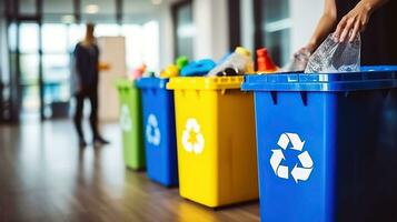 Respetuoso del medio ambiente oficina practicas residuos separación y reciclaje. generativo ai foto