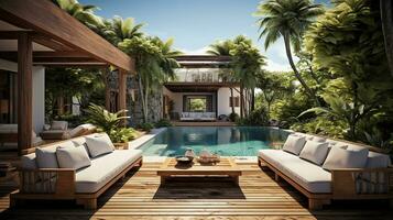 bañado por el sol serenidad. terraza sofás y junto a la piscina tumbonas generativo ai foto