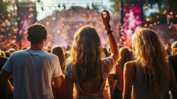 Rear view of group of young friends dancing at summer festival. Generative AI photo