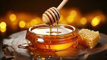 miel goteo desde un de madera miel cazo. sano orgánico grueso miel inmersión desde el de madera miel cuchara. generativo ai foto