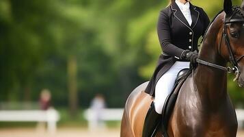 Dressage horse Friese with rider in head portraits photographed from the front. Generative AI photo