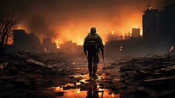 un solitario de soldado camino en el destrozado paisaje urbano generativo ai foto