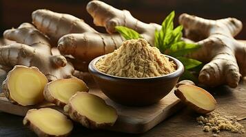 Fresh chopped ginger root and ground ginger powder in wooden spoon on wooden rustic table. Generative AI photo