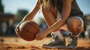 niña sostener baloncesto antes de streetball juego al aire libre. generativo ai foto