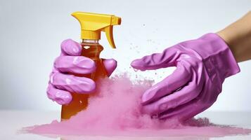 Spray and Scrub - Hands with spray and cleaning sponge. Generative AI photo