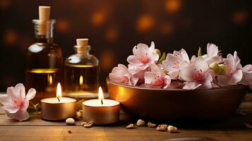 Spa composition with alight candles and beautiful flowers on wooden background. Massage therapy. Generative AI photo
