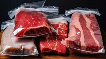 The meat is vacuum Packed. Cooking meat in packages of the sous vide technology. Generative AI photo