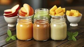 Nourishing Choices. A Display of Diverse Baby Food Jars on Wood. Generative AI photo