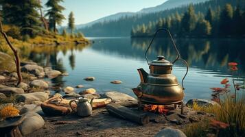 disfrutando un taza de té desde un Clásico pava. un cámping por el lago. generativo ai foto