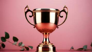 Celebrating Victory with a Golden Trophy. Winner or champion golden trophy cup on pink background. Generative AI photo
