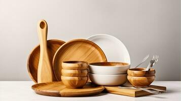 Simplicity and Style. White Table with Wooden Tableware Accents. Generative AI photo
