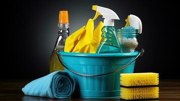 Cleaning Essentials in One Place. Plastic Bottles, Sponges, and Gloves in a Bucket. Generative AI photo