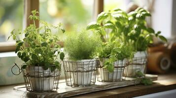 de la naturaleza sabores creciente hierbas en el cocina antepecho. generativo ai foto