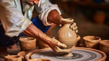 Potter at work makes ceramic dishes. Rajasthan. Generative AI photo
