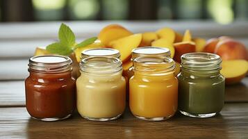 An Array of Baby Food Jars on a Rustic Table. Generative AI photo